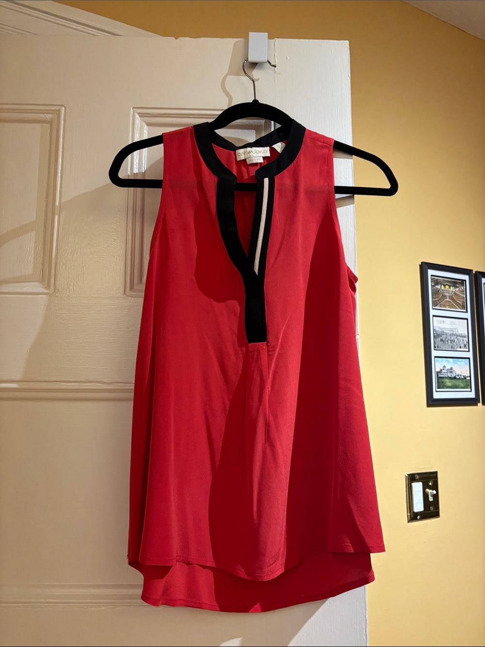 Cynthia Rowlet Red Sleeveless Split-Neck Tank with Black Trim